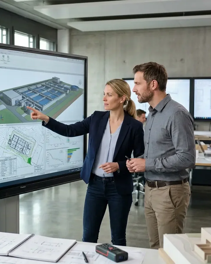 Zwei Ingenieure besprechen ein Anlagenmodell am Planungsbildschirm